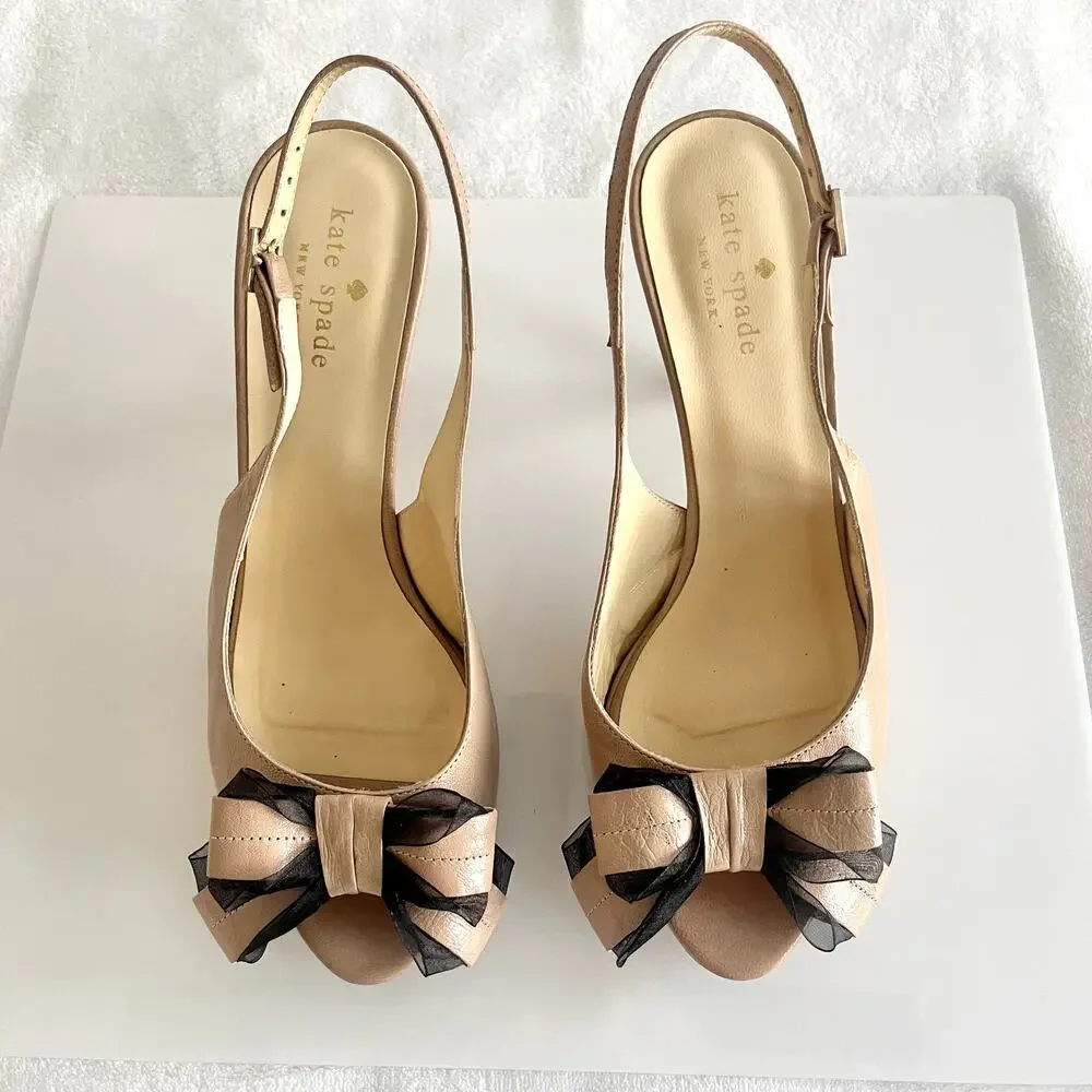 Kate Spade Billow Bow Peep Toe Shoes Size 6.5 Slingback Rockabilly Coquette Vamp